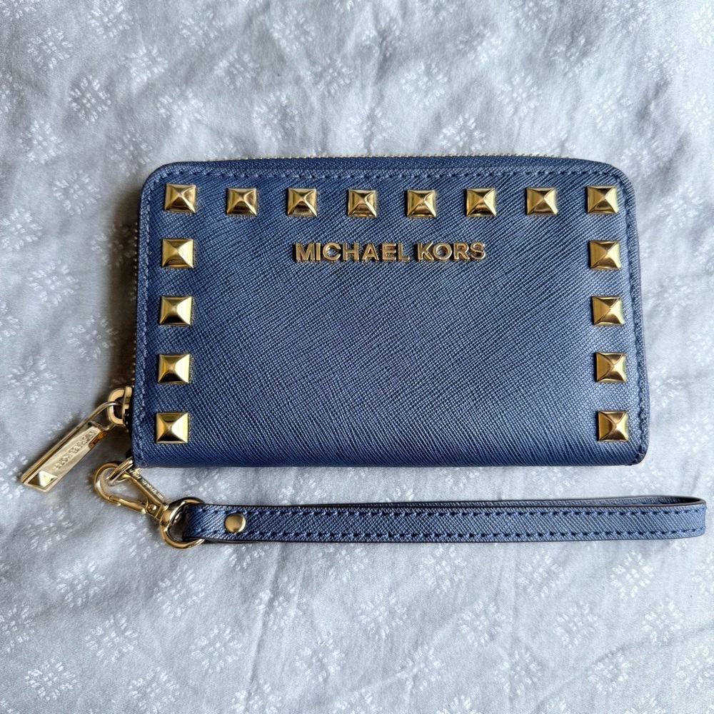 Michael Kors Studded Leather Wristlet Wallet – Navy Blue